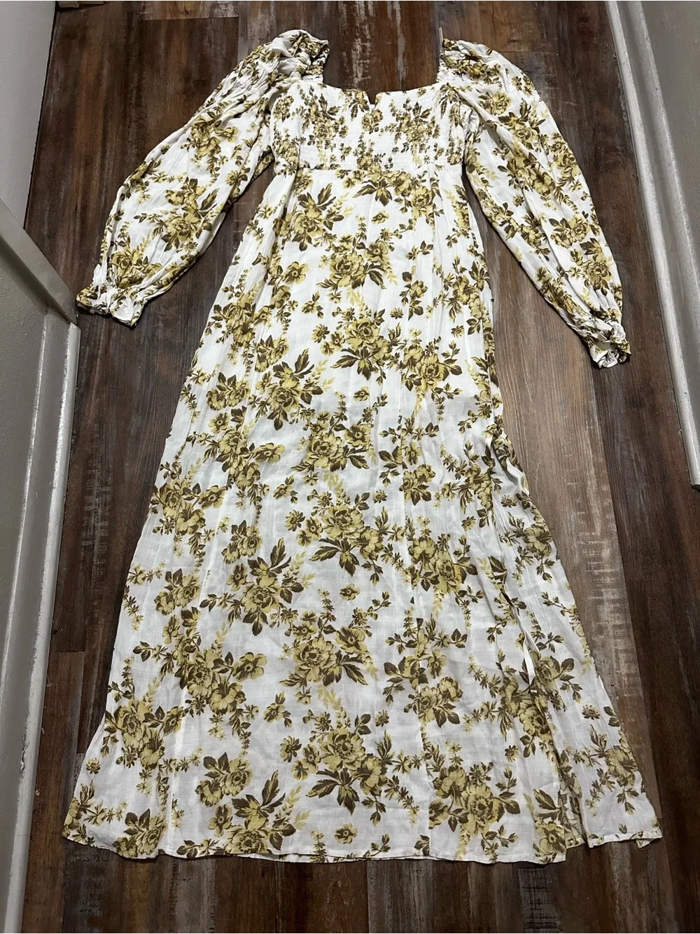 Free People Women’s White Floral Long Sleeve Maxi Dress - Yellow Floral Print